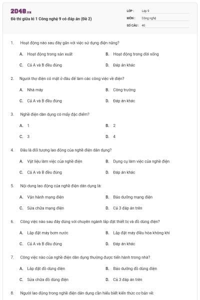 Đề thi giữa kì 1 Công nghệ 9 có đáp án (Đề 2)