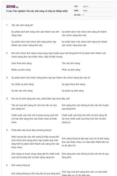 9 câu Trắc nghiệm Tán sắc ánh sáng có đáp án (Nhận biết)