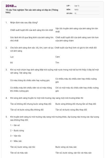 15 câu Trắc nghiệm Tán sắc ánh sáng có đáp án (Thông hiểu)
