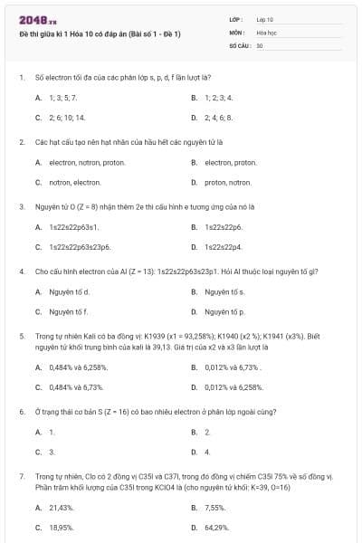 Đề thi giữa kì 1 Hóa 10 có đáp án (Bài số 1 - Đề 1)