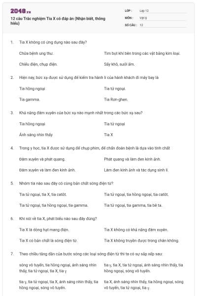 12 câu Trắc nghiệm Tia X có đáp án (Nhận biết, thông hiểu)