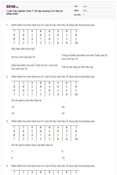 7 câu Trắc nghiệm Toán 7: Ôn tập chương 3 có đáp án (Nhận biết)