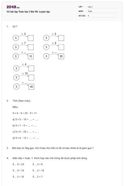 Vở bài tập Toán lớp 2 Bài 98: Luyện tập