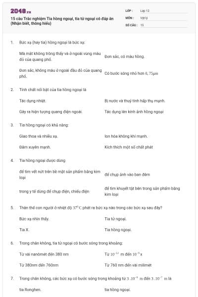 15 câu Trắc nghiệm Tia hồng ngoại, tia tử ngoại có đáp án (Nhận biết, thông hiểu)