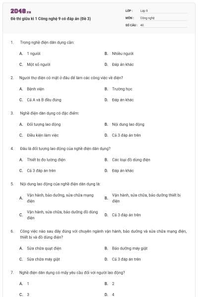 Đề thi giữa kì 1 Công nghệ 9 có đáp án (Đề 3)