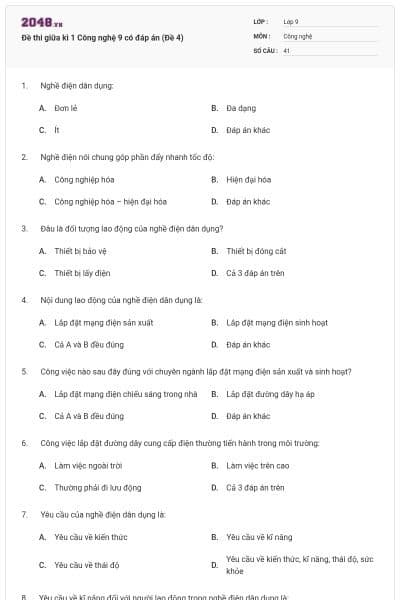 Đề thi giữa kì 1 Công nghệ 9 có đáp án (Đề 4)