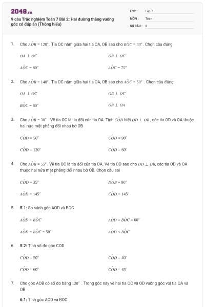 9 câu Trắc nghiệm Toán 7 Bài 2: Hai đường thẳng vuông góc có đáp án (Thông hiểu)