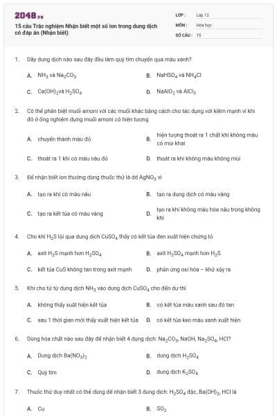 15 câu Trắc nghiệm Nhận biết một số ion trong dung dịch có đáp án (Nhận biết)