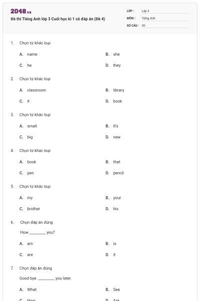 Đề thi Tiếng Anh lớp 3 Cuối học kì 1 có đáp án (Đề 4)