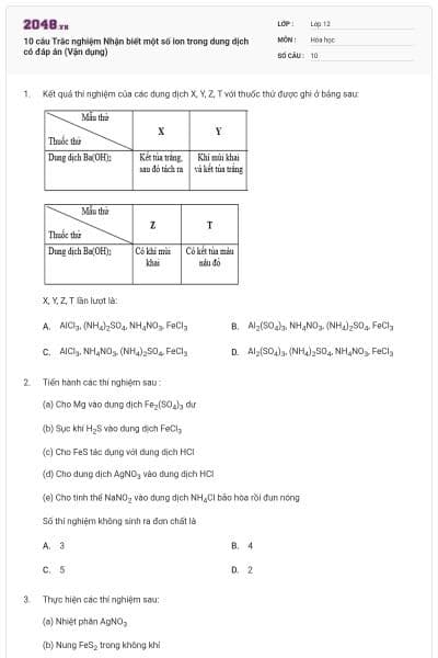 10 câu Trắc nghiệm Nhận biết một số ion trong dung dịch có đáp án (Vận dụng)
