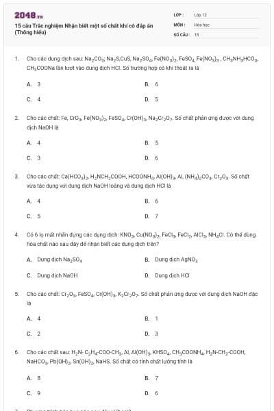 15 câu Trắc nghiệm Nhận biết một số chất khí có đáp án (Thông hiểu)