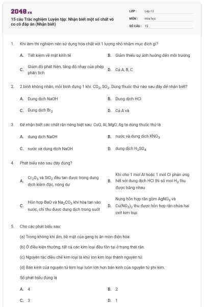 15 câu Trắc nghiệm Luyện tập: Nhận biết một số chất vô cơ có đáp án (Nhận biết)