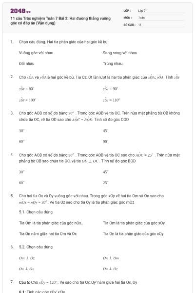 11 câu Trắc nghiệm Toán 7 Bài 2: Hai đường thẳng vuông góc có đáp án (Vận dụng)