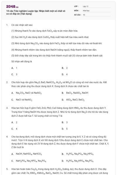 10 câu Trắc nghiệm Luyện tập: Nhận biết một số chất vô cơ có đáp án (Vận dụng)