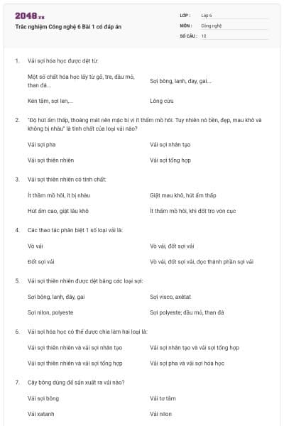 Trắc nghiệm Công nghệ 6 Bài 1 có đáp án