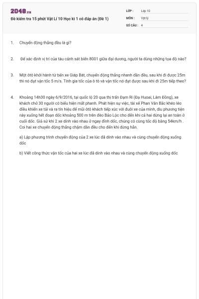 Đề kiểm tra 15 phút Vật Lí 10 Học kì 1 có đáp án (Đề 1)