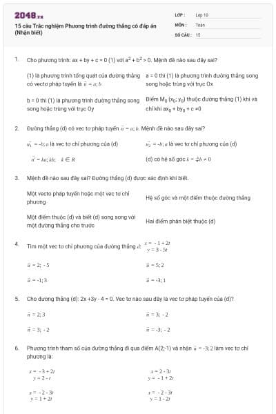 15 câu Trắc nghiệm Phương trình đường thẳng có đáp án (Nhận biết)