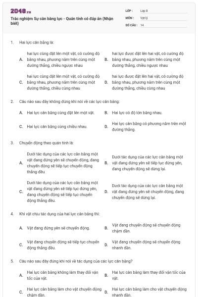 Trắc nghiệm Sự cân bằng lực - Quán tính có đáp án (Nhận biết)