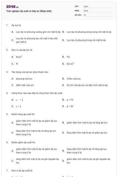 Trắc nghiệm Áp suất có đáp án (Nhận biết)