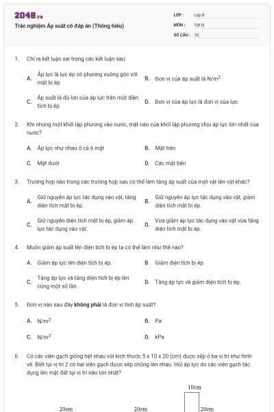 Trắc nghiệm Áp suất có đáp án (Thông hiểu)