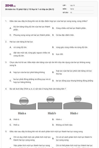 Đề kiểm tra 15 phút Vật Lí 10 Học kì 1 có đáp án (Đề 3)