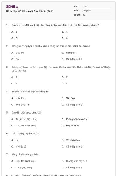 Đề thi Học kì 1 Công nghệ 9 có đáp án (Đề 3)