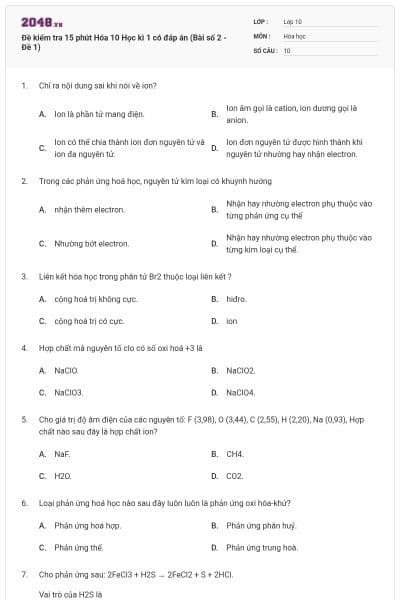 Đề kiểm tra 15 phút Hóa 10 Học kì 1 có đáp án (Bài số 2 - Đề 1)
