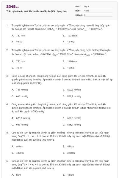 Trắc nghiệm Áp suất khí quyển có đáp án (Vận dụng cao)
