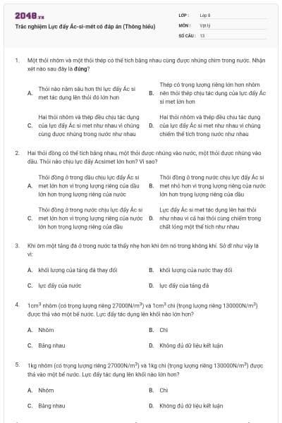Trắc nghiệm Lực đẩy Ác-si-mét có đáp án (Thông hiểu)