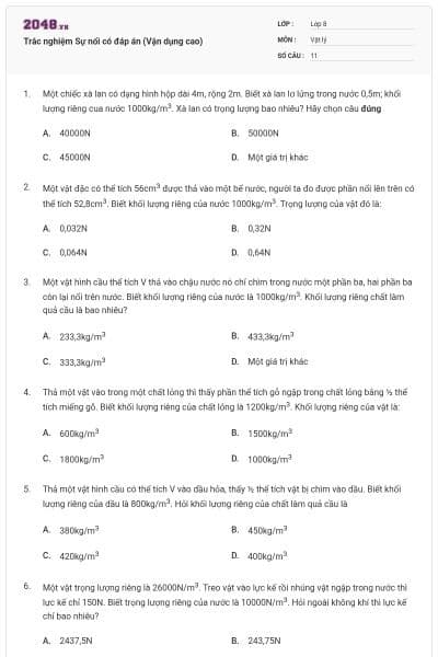 Trắc nghiệm Sự nổi có đáp án (Vận dụng cao)