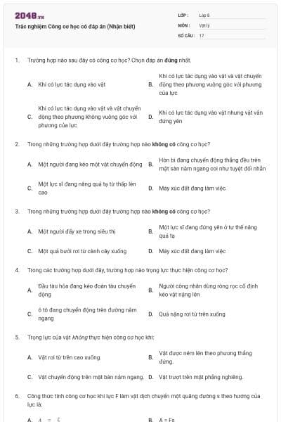 Trắc nghiệm Công cơ học có đáp án (Nhận biết)