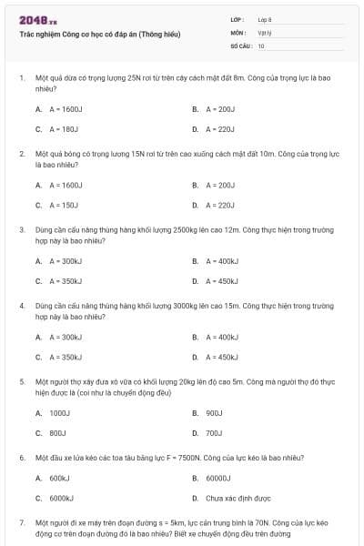 Trắc nghiệm Công cơ học có đáp án (Thông hiểu)