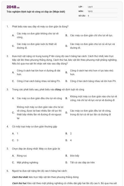 Trắc nghiệm Định luật về công có đáp án (Nhận biết)