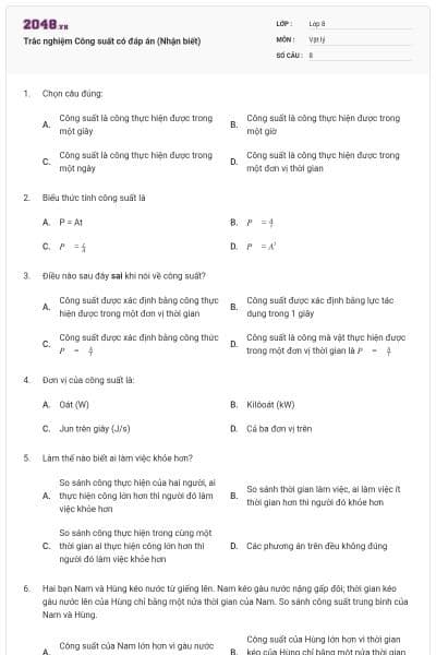 Trắc nghiệm Công suất có đáp án (Nhận biết)