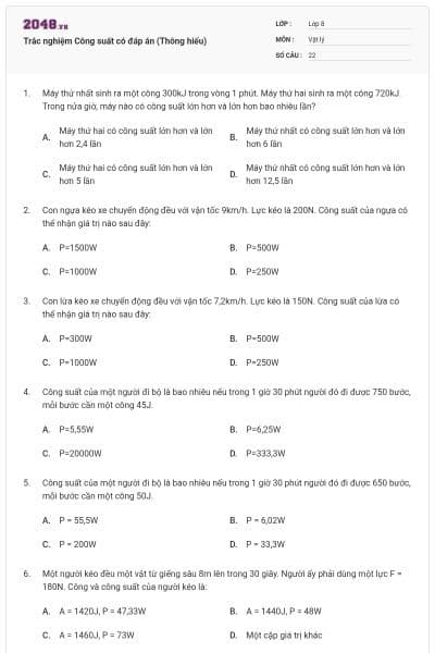 Trắc nghiệm Công suất có đáp án (Thông hiểu)