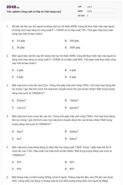 Trắc nghiệm Công suất có đáp án (Vận dụng cao)