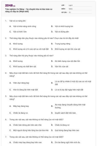 Trắc nghiệm Cơ Năng – Sự chuyển hóa và bảo toàn cơ năng có đáp án (Nhận biết)