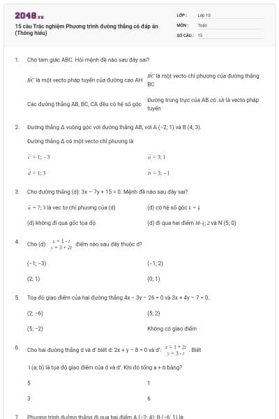 15 câu Trắc nghiệm Phương trình đường thẳng có đáp án (Thông hiểu)
