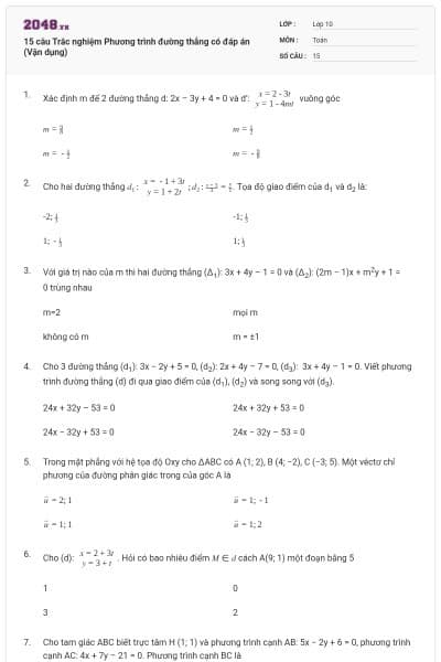 15 câu Trắc nghiệm Phương trình đường thẳng có đáp án (Vận dụng)