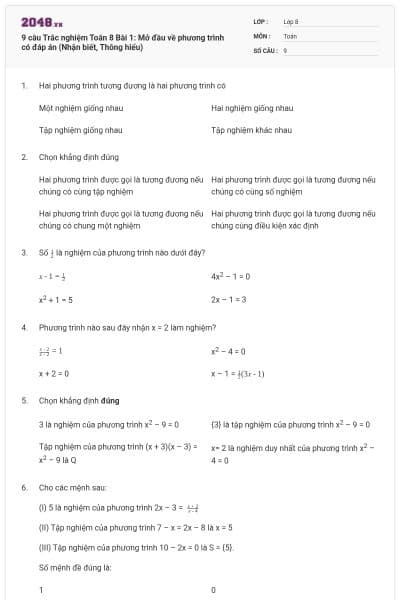 9 câu Trắc nghiệm Toán 8 Bài 1: Mở đầu về phương trình có đáp án (Nhận biết, Thông hiểu)