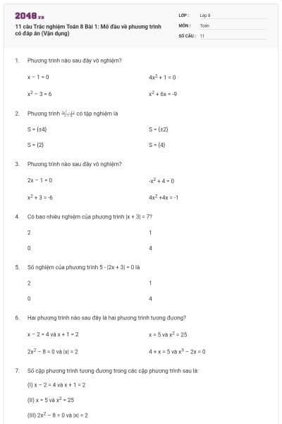 11 câu Trắc nghiệm Toán 8 Bài 1: Mở đầu về phương trình có đáp án (Vận dụng)