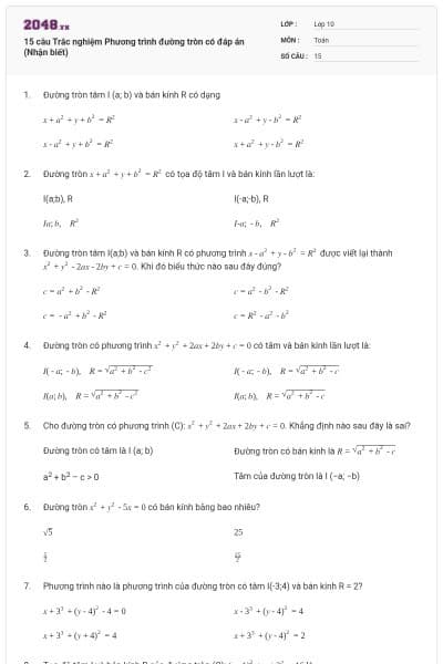 15 câu  Trắc nghiệm Phương trình đường tròn có đáp án (Nhận biết)