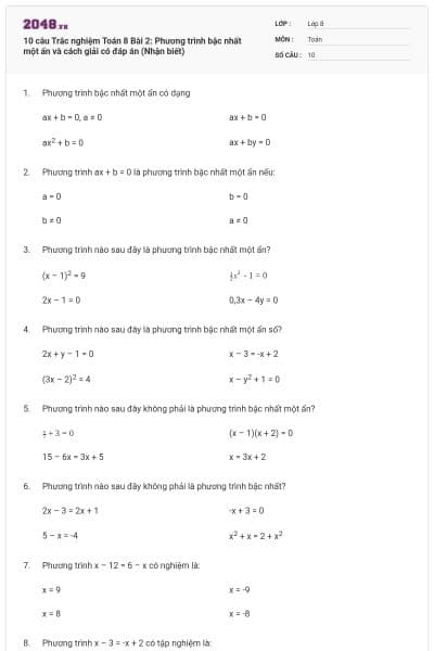 10 câu Trắc nghiệm Toán 8 Bài 2: Phương trình bậc nhất một ẩn và cách giải có đáp án (Nhận biết)