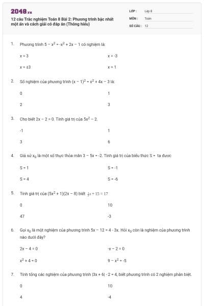 12 câu Trắc nghiệm Toán 8 Bài 2: Phương trình bậc nhất một ẩn và cách giải có đáp án (Thông hiểu)