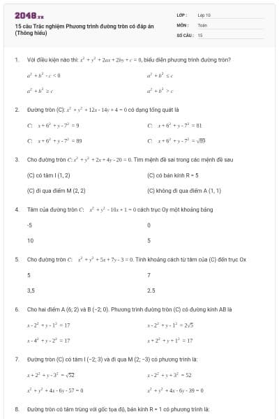 15 câu  Trắc nghiệm Phương trình đường tròn có đáp án (Thông hiểu)