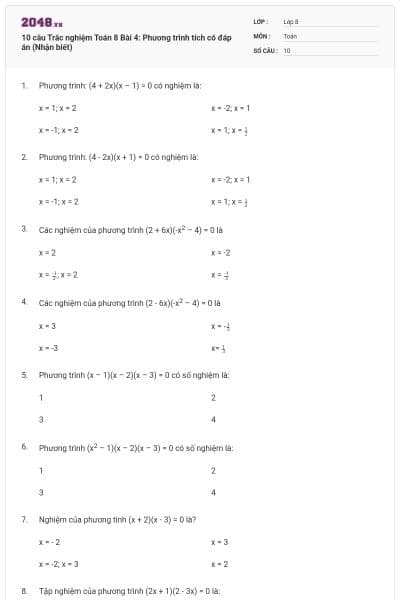 10 câu Trắc nghiệm Toán 8 Bài 4: Phương trình tích có đáp án (Nhận biết)