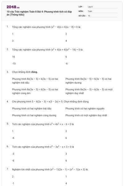 10 câu Trắc nghiệm Toán 8 Bài 4: Phương trình tích có đáp án (Thông hiểu)