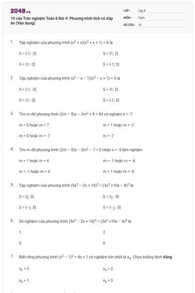 10 câu Trắc nghiệm Toán 8 Bài 4: Phương trình tích có đáp án (Vận dụng)