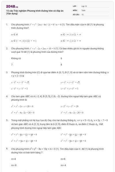 15 câu  Trắc nghiệm Phương trình đường tròn có đáp án (Vận dụng)