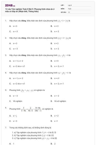12 câu Trắc nghiệm Toán 8 Bài 5: Phương trình chứa ẩn ở mẫu có đáp án (Nhận biết, Thông hiểu)